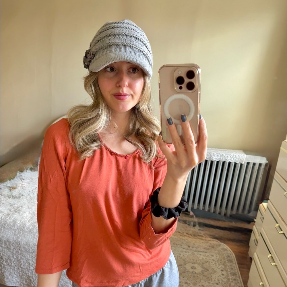 Super cute gray knit beanie with silver sequins flower detail